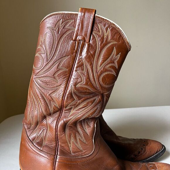 Vintage Nocona Cowboy Boots‎ Men's 8.5 D Brown Leather Lizard Wingtip Western - Picture 2 of 10